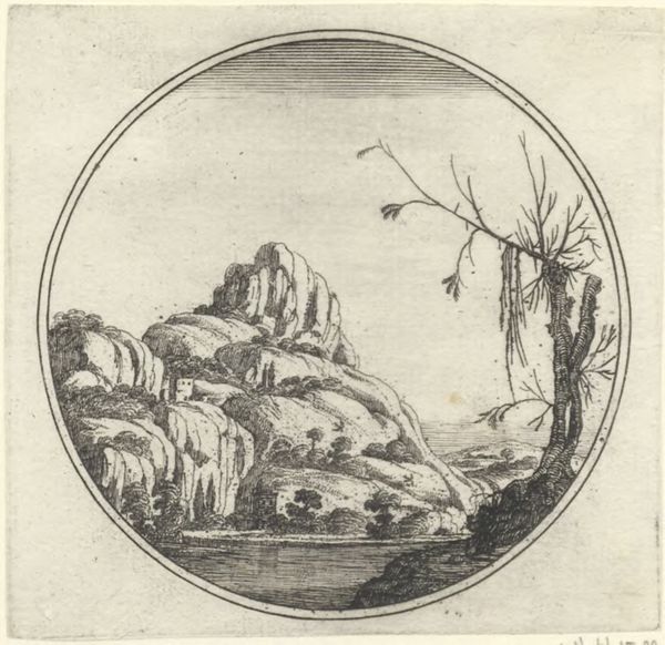 Hooch, Carel de, (1577?-1638), (printmaker), Landscapes in circles: Riverscape with a mountain