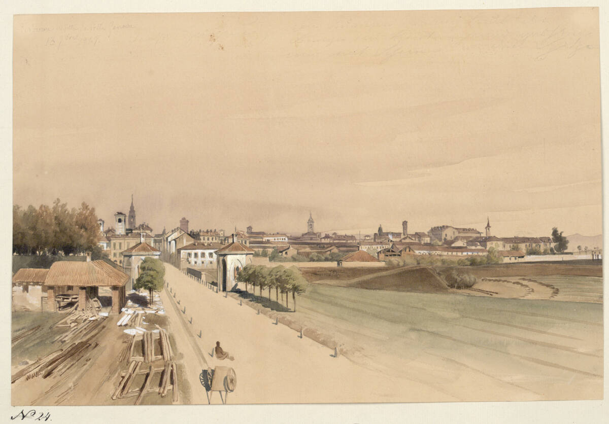 GiuseppeMazzola, Ansicht von Novara bei Porta Genova. Strasse von Mortara