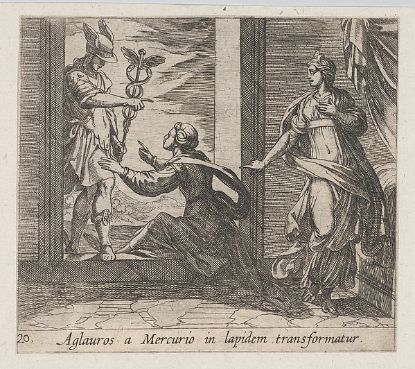 Antonio Tempesta, Plate 20: Mercury Turning Aglauros to Stone (Aglauros a Mercurio in lapidem transformatur), from Ovid's 'Metamorphoses'