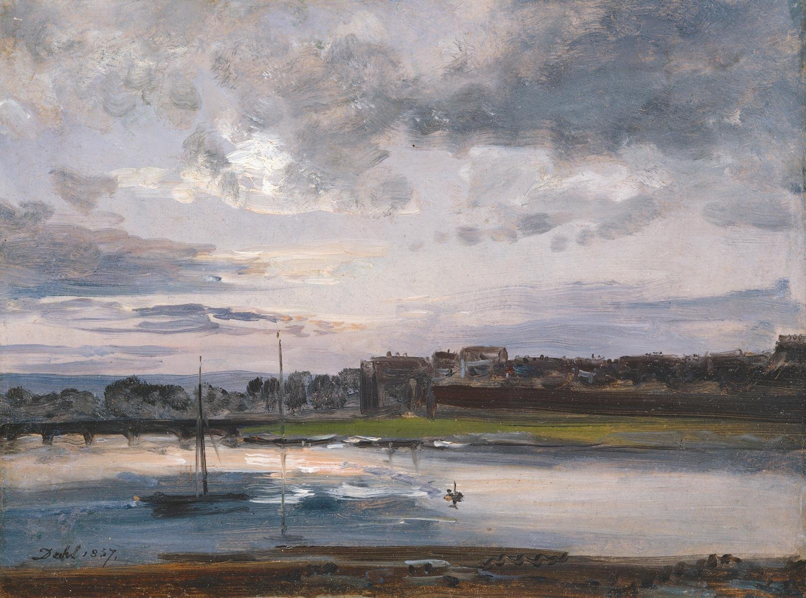 Johan Christian Clausen Dahl, Elbe und Neustädter Ufer in Dresden im Abendlicht