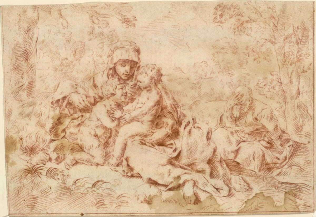Anonym, Die heilige Familie mit dem heiligen Johannesknaben; verso: Putti mit einem Kardinalshut. Fragment