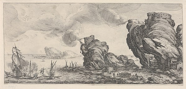 Jacques Callot, Naval battle with ruined ship and smoking battlements, from "Italian landscapes" (Diverse vedute designate in Fiorenza / Paysages italiens)