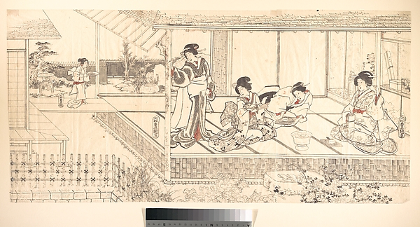 Utagawa Kunisada, Two Court Ladies (Goten Jochu) and a Geisha at a Restaurant