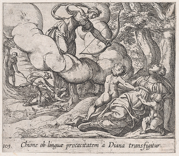 Antonio Tempesta, Plate 105: Diane Killing Chione (Chione ob linguae procacitatem a Diana transfigitur), from Ovid's 'Metamorphoses'