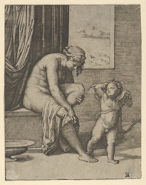 Marcantonio Raimondi, Venus drying her foot with a piece of drapery, Cupid in front of her, holding a bow in his left hand