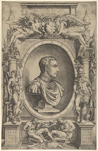 Enea Vico, Portrait of Giovanni de' Medici facing right within an elaborate cartouche flanked by Victory at the left and Mars at right, winged figures holding Medici coat of arms top center