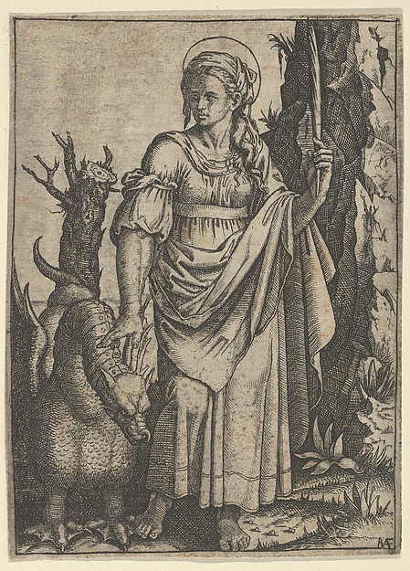 Marcantonio Raimondi, St Margaret holding a palm in her raised left hand, a dragon at her right