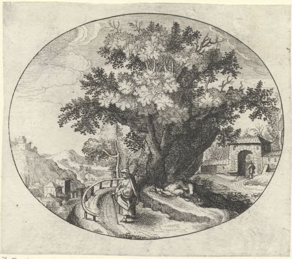 Moncornet, Balthasar, (approximately 1600-1668), (printmaker), Oval landscapes: Mountain landscape with a road leading to a stone gate