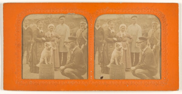 Unknown, [Dog smoking a pipe seated on a barrel with people observing]