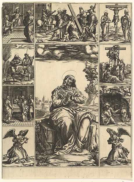 Giorgio Ghisi, The Virgin of Sorrows; an image of the Virgin Mary surrounded by nine vignettes depicting scenes of her life
