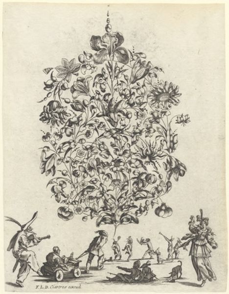 Moncornet, Balthasar, (approximately 1600-1668), (printmaker), Bouquets for gold- and silversmiths: Bouquet with flowers above dancing figures