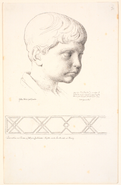 Johan Thomas Lundbye, Britannicus hoved set i 3/4 profil mod højre. Forneden en dekorativ bort