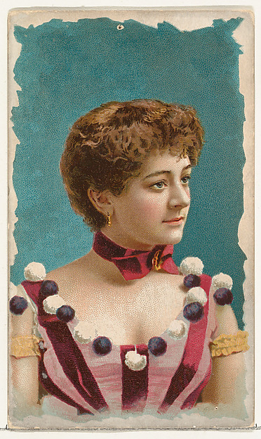 W. Duke, Sons & Co., Actress wearing striped bodice decorated with black and white pompoms, from Stars of the Stage, First Series (N129) issued by W. Duke, Sons & Co. to promote Honest Long Cut Tobacco
