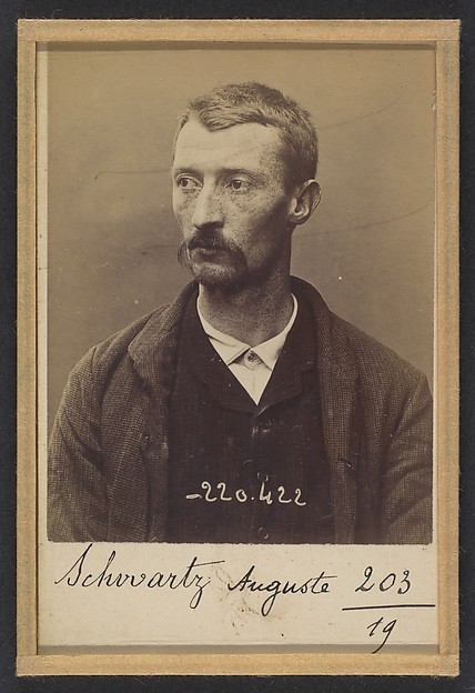 Alphonse Bertillon, Schwartz. Auguste. 31 ans, né à Paris Xlle le 23/1/63. Maroquinier. Anarchiste. 2/7/94.