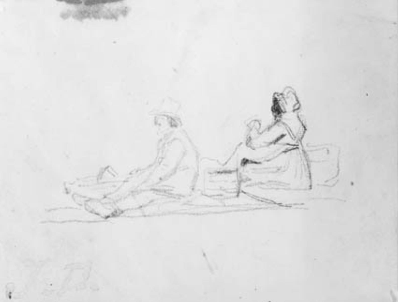 Jules Dupré, Skitse af et fiskerpar, siddende på stranden med kurve og kasser.