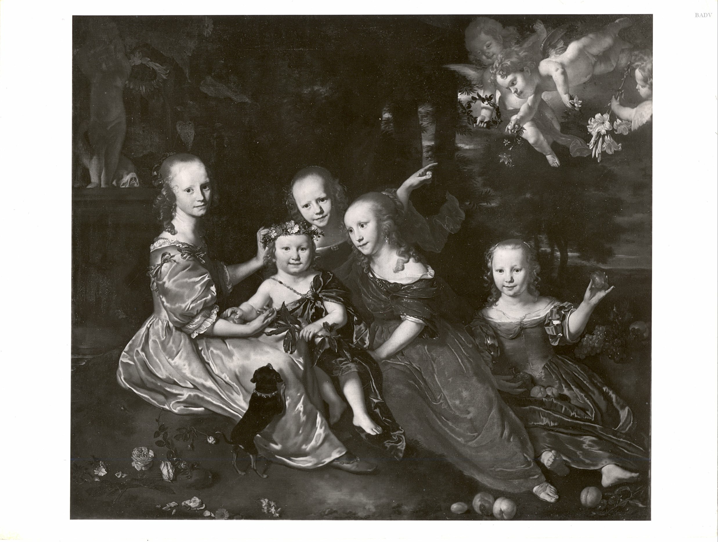 Abraham Lambertsz van den Tempel, Die Geschwister, Porträt von fünf Kindern in einer Landschaft mit Putten
