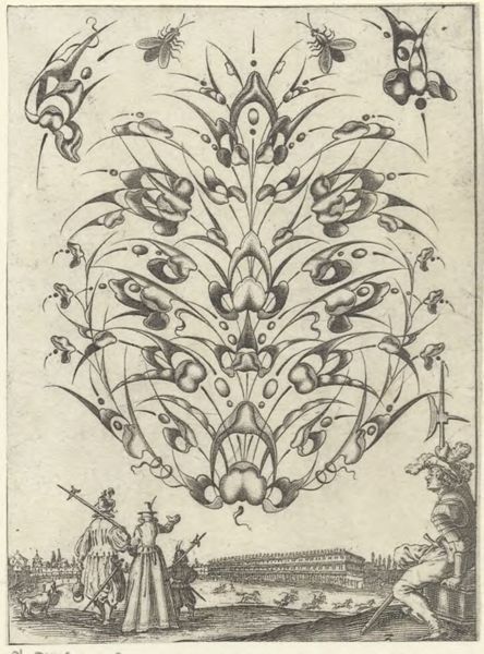 Moncornet, Balthasar, (approximately 1600-1668), (printmaker), Stylized bouquets: A bouquet with insects above figures with halberds