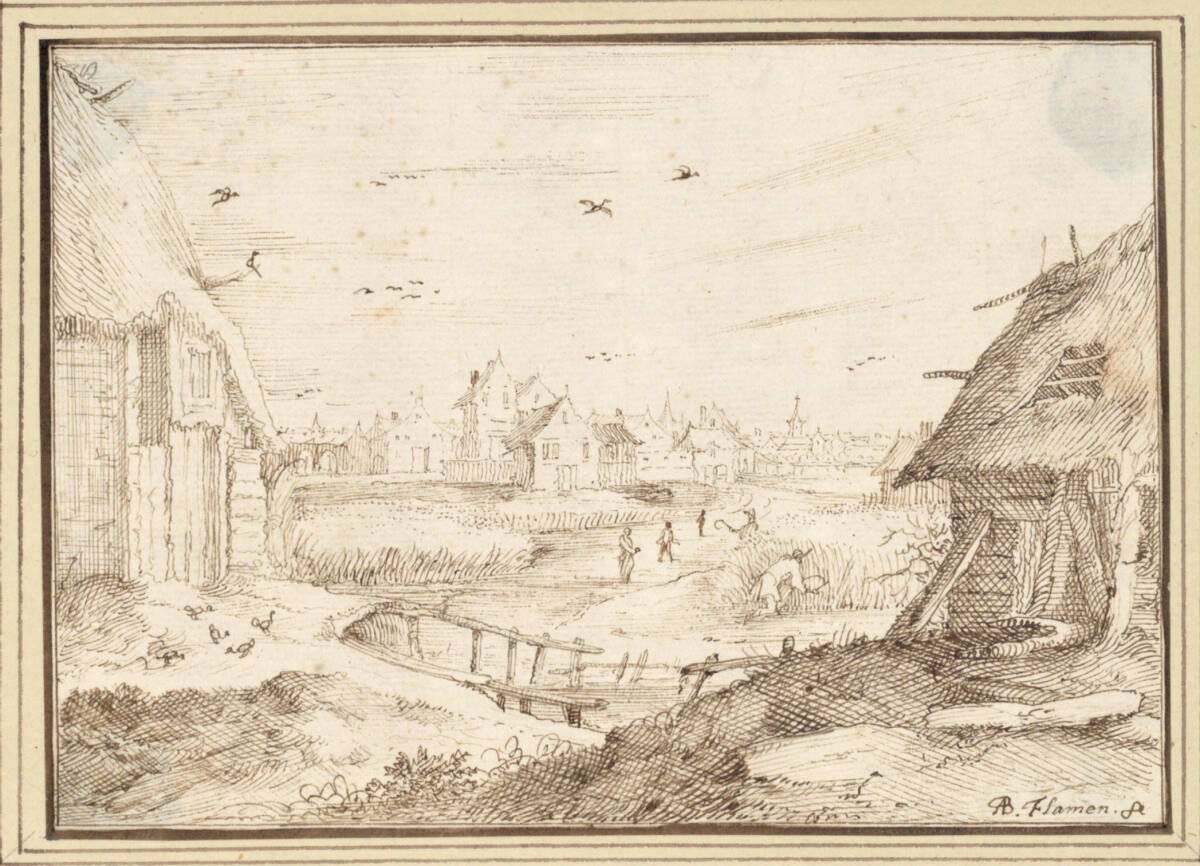 AlbertFlamen, Getreideernte vor einer Stadt, vorne zwei flankierende Hütten (II-49)