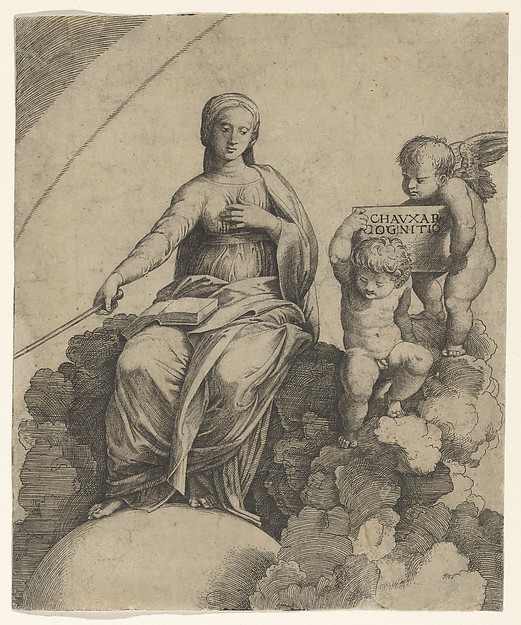 Marcantonio Raimondi, A personification of Philosophy sitting on clouds with her feet resting on a globe, two putti at right holding a tablet