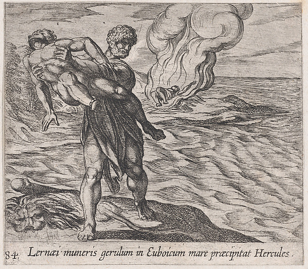 Antonio Tempesta, Plate 84: Hercules Throwing Lichas into the Sea (Lernaei muneris gerulum in Euboicum mare praecipitat Hercules), from Ovid's 'Metamorphoses'