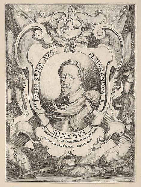 Stefano della Bella, A mid-bust portrait of Emperor Ferdinand II, within an oval frame, surrounded by armor