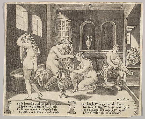 Agostino Veneziano (Agostino dei Musi), Plate 7: Psyche attended in her bath by nymphs, in the background right Psyche represented again laying in bed, from "The Fable of Cupid and Psyche"