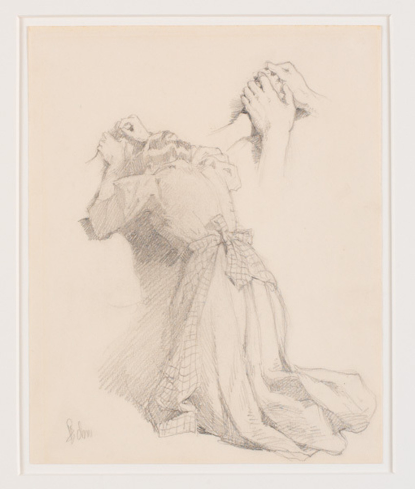 Frans Schwartz, Et blad med fem blyantskitser. Kvindefigurer. Studie af hænder.