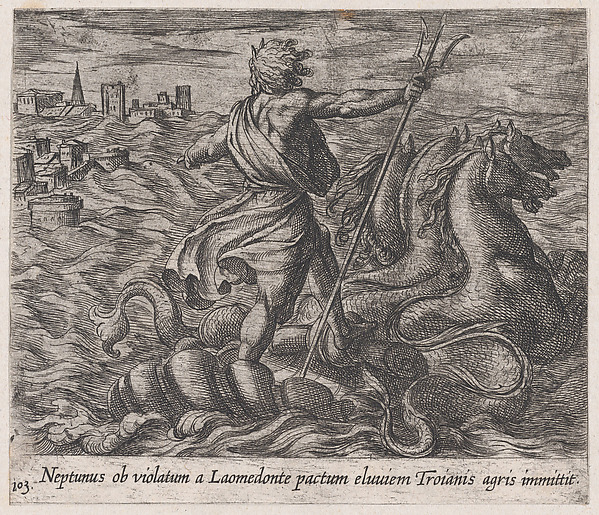 Antonio Tempesta, Plate 103: Neptune Sending a Deluge to Troy (Neptunus ob violatum a Laomendonte pactum eluviem Troianis agris immittit), from Ovid's 'Metamorphoses'