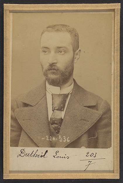 Alphonse Bertillon, Dutheil. Louis. 29 ans, né le 28/7/64 à Maisonnais (Ht Vienne). Tailleur d'habits. Anarchiste. 3/7/94.