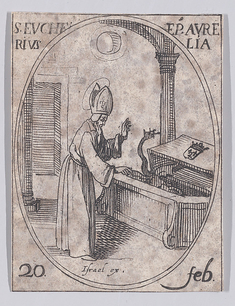 Jacques Callot, S. Eucher, évêque d'Orléans (St. Eucherius, Bishop of Orleans), February 20th, from "Les Images De Tous Les Saincts et Saintes de L'Année" (Images of All of the Saints and Religious Events of the Year)