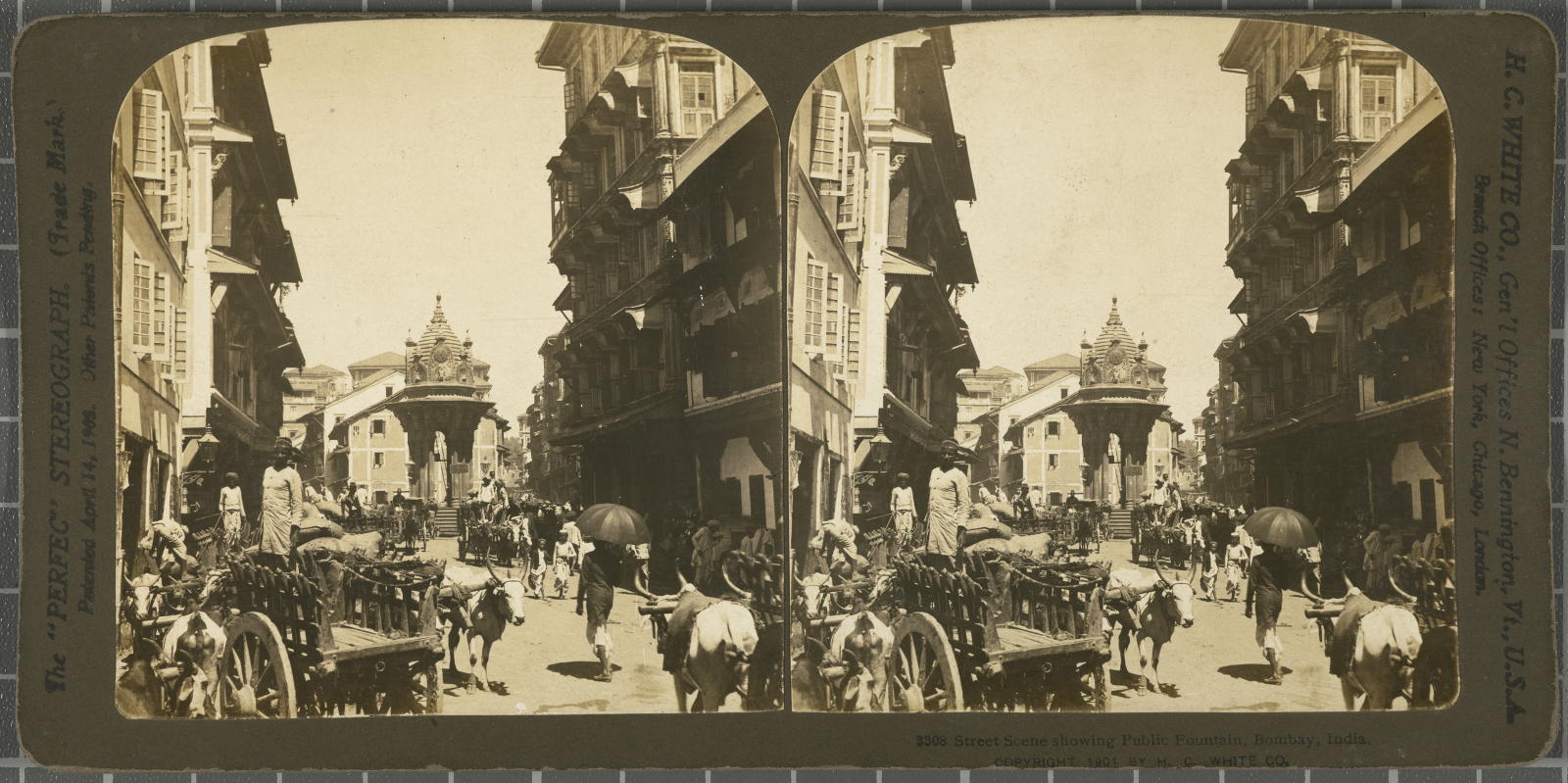Desconegut, Street scene showing Public Fountain, Bombay, India White, H.C. & Co., The "Perfec" Stereograph