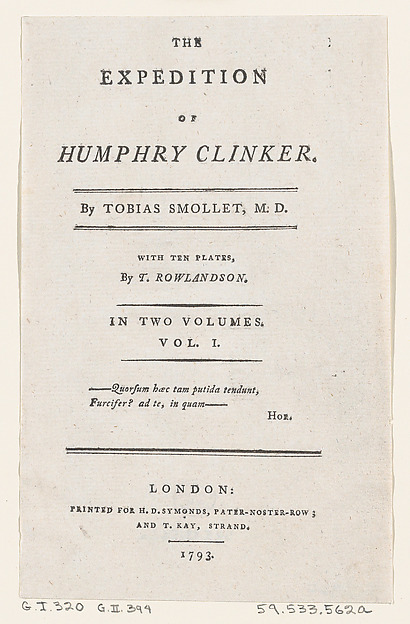 Thomas Rowlandson, Title Page, from Tobias Smollett's "The Expedition of Humphry Clinker" (London, 1793), Vol. 1