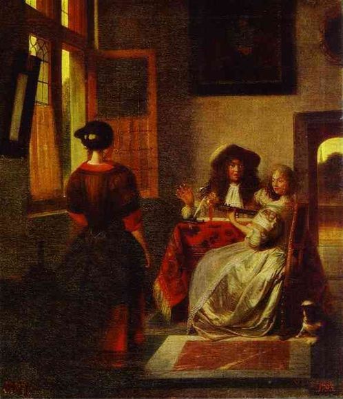 Pieter de Hooch, A Couple Making Music at a Table, with a Serving Girl