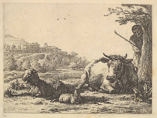 Karel Dujardin, Cow, adult sheep, and young sheep lying in the grass; beyond, a shepherd stands partially behind a tree