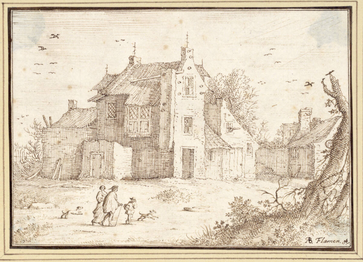 AlbertFlamen, Blick auf ein Haus, vorne eine Familie auf Wanderschaft (III-10)