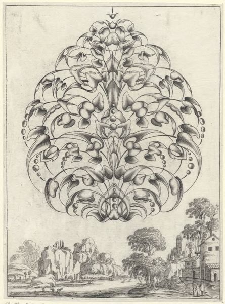 Moncornet, Balthasar, (approximately 1600-1668), (printmaker), Stylized bouquets in landscapes: A bouquet in a landscape with rocks and figures
