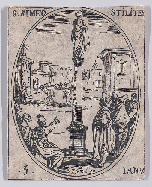Jacques Callot, S. Siméone Stylite (St. Simeon Stylites), January 5th, from "Les Images De Tous Les Saincts et Saintes de L'Année" (Images of All of the Saints and Feast Days of the Year)