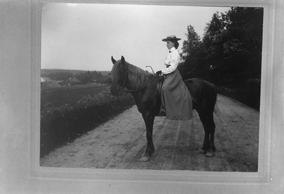 Gustaf Ferdinand Hallberg, En kvinna med häst. Wilhelmina Betzholt, född 1873-09-05 i Bo. Emigrerade till Amerika 1889. Besökte Sverige någon gång i början av 1900-talet.