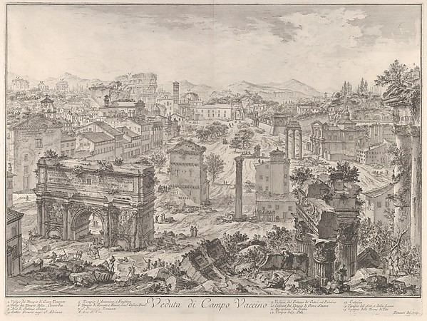 Giovanni Battista Piranesi, The Forum Romanum, or Campo Vaccino, from the capitol, with the Arch of Septimus Severus in the foreground left, Temple of Vespian right, and the Colosseum in the distance (Veduta di Campo Vaccino), from "Vedute di Roma"