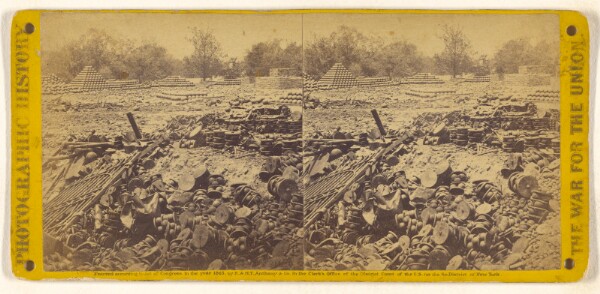 Edward and Henry T. Anthony & Co., View in the Arsenal Grounds, near the Petersburgh R.R. Bridge, Richmond, Va.[,] showing Shot, Shell, and Canister scattered...