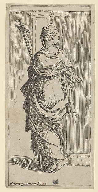 Guido Reni, Girl carrying a crucifix and stepping toward a pilaster, seen from behind