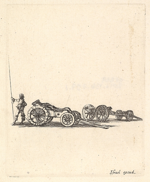 Stefano della Bella, A mortar and a cannon, both mounted on carriages, a soldier shown from the back stands to the left, from "Equipment needed for Fortification" (Recueil de diverses pièces très nécessaires à la fortification)
