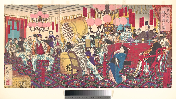 Tsukioka Yoshitoshi, Illustration of the Police Superintendent and his men Receiving Wine (Keishi kakutai e sake tamawaru mono no zu)