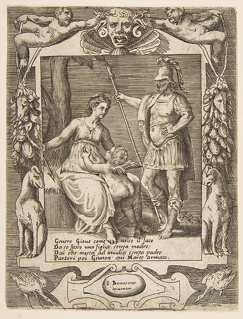 Giulio Bonasone, Juno, Mars and Cupid, set within an elaborate frame, from "Loves, Rages and Jealousies of Juno"
