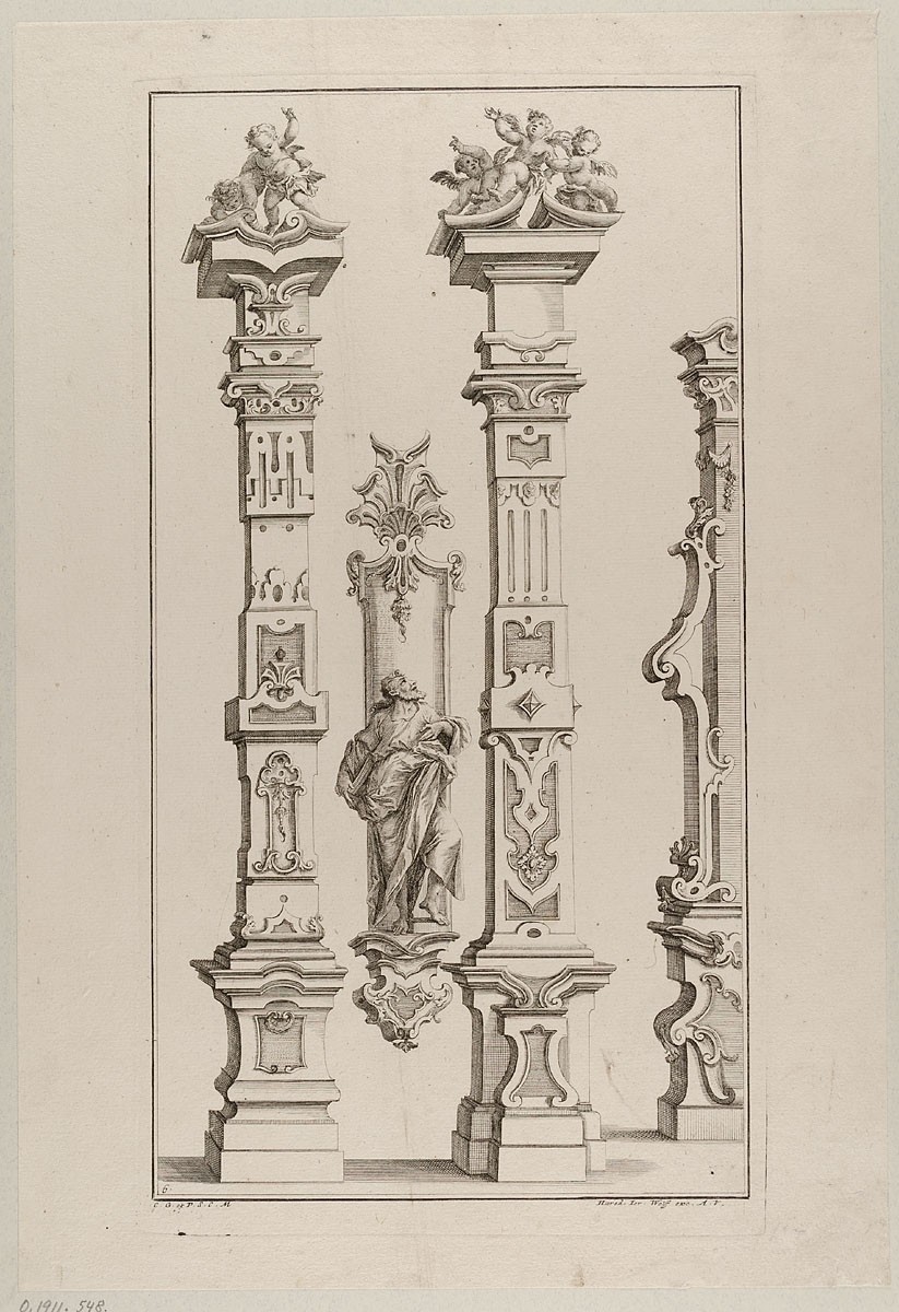 Johann Andreas Bergmüller, Zwei Säulen und eine Skulptur, Blatt 6 aus der Folge "Gantz Neu sehr nützl. Säulen und andern Ornamenten