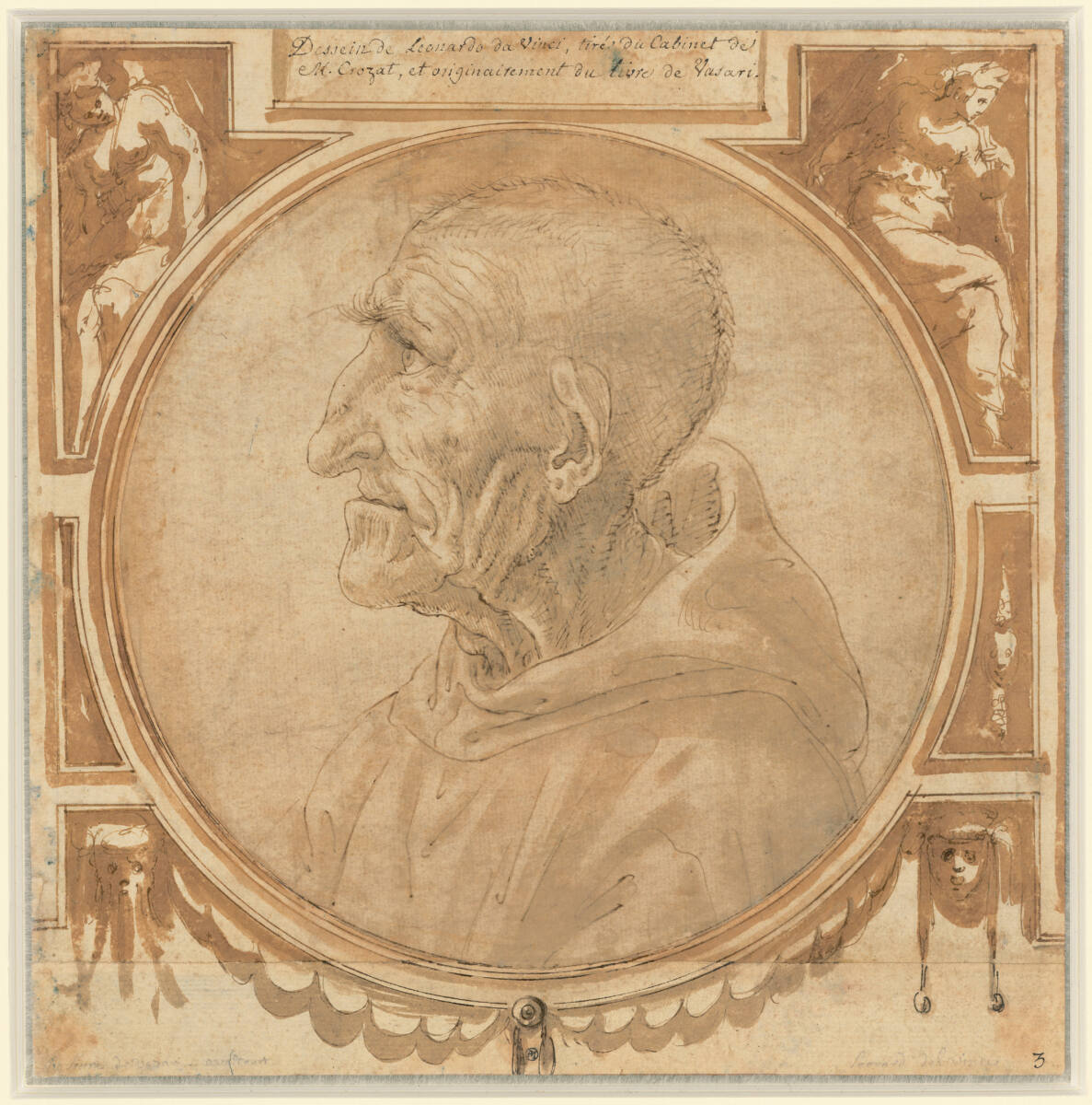 Anonym, Bildnis eines alten Mannes im Profil nach links (sogenanntes Porträt des Savonarola) in einer Umrahmung von Giorgio Vasari; links und rechts oben sitzende weibliche Allegorien, unten Maskenfestons