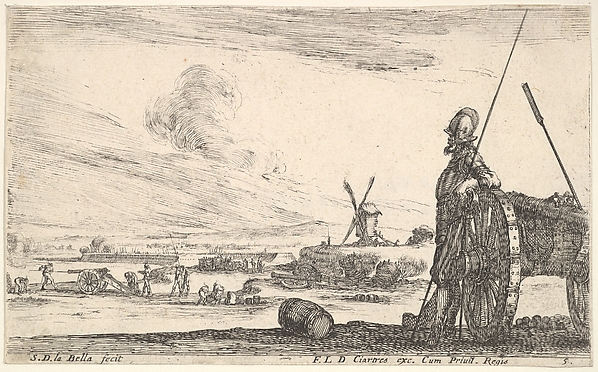 Stefano della Bella, Plate 5: A Pikeman standing at right next to a canon, other military figures in the background, from "Various Military Caprices" (Varii capricci militari)