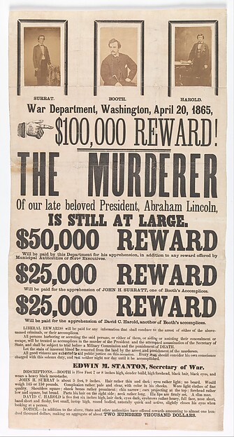 Unknown, [Broadside for the Capture of John Wilkes Booth, John Surratt, and David Herold]