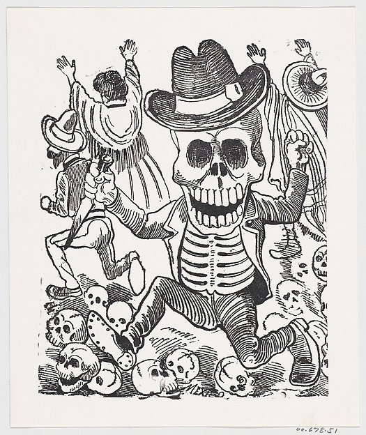 José Guadalupe Posada, A skeleton holding a knife leaping over a pile of skulls, people flee in the background, from a broadside entitled 'Las bravisimas calaveras Guatemaltecas'