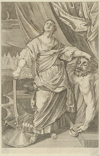 Anonymous, Judith standing and looking up, holding the head of Holofernes in her left hand and a sword in her right, tents in the background, after Reni